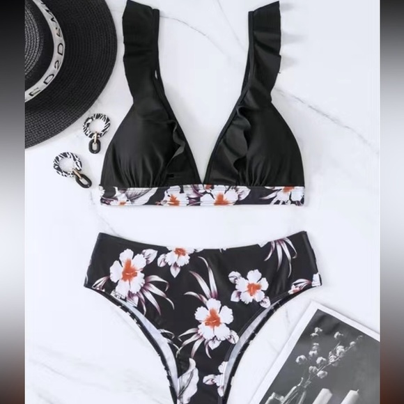 Black & Flora Print Ruffle High-Waisted Bikini Set - Picture 3 of 4
